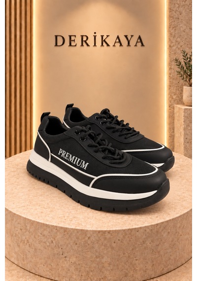 Deri Kaya Erkek Premium Kalın Taban Bağcıklı Günlük Sneaker Spor Ayakkabı Siyah