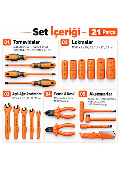 Elektrikli & Hibrit Araç Servisleri İçin 21 Parça 1000v İzolasyonlu El Aleti Seti