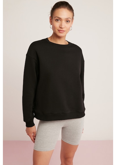 Ethıquet Sahra Kadın Pamuklu Içi Polarlı Yumuşacık Oversize Yuvarlak Yaka Basıc Siyah Sweatshirt