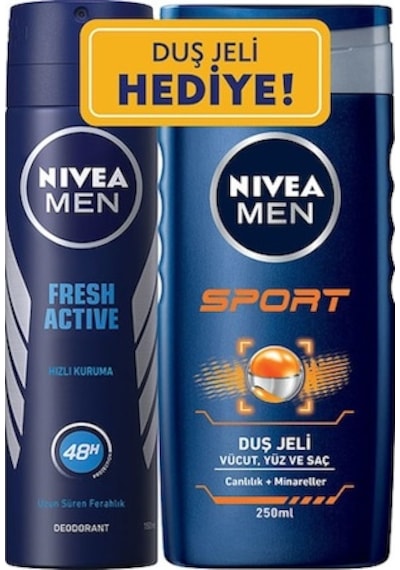 Nivea Men Fresh Active Erkek Sprey Deodorant 150 ML + Sport Duş Jeli 250 ML