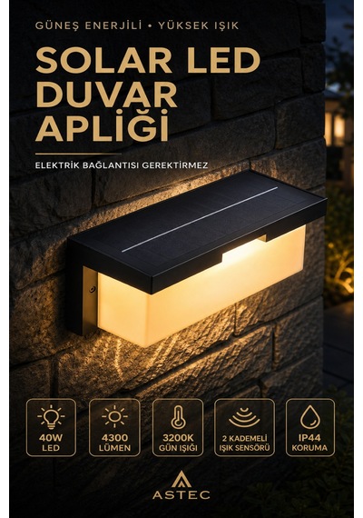 Astec Solar Duvar Apliği 40w 3200k Gün Işığı Su Toz Geçirmez Sensörlü Bahçe Ve Dış Mekan Lambası