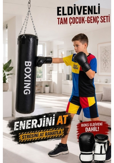 Çocuk Boks Seti 70 CMx25 CM Boks Torbası + Boks Eldiveni Siyah