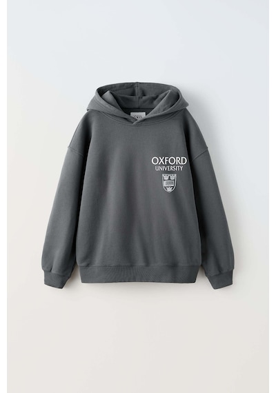 Erkek Çocuk Oxford Modelli Kol Manşetli Pamuk Kapşonlu Sweat Füme