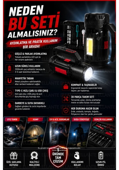 30 Parça Şarjlı Fener & Tamir Seti Güçlü Aydınlatma + Pratik El Aletleri