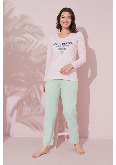 Siyah İnci Pamuklu Örme Pijama Takım 24240155 Pembe