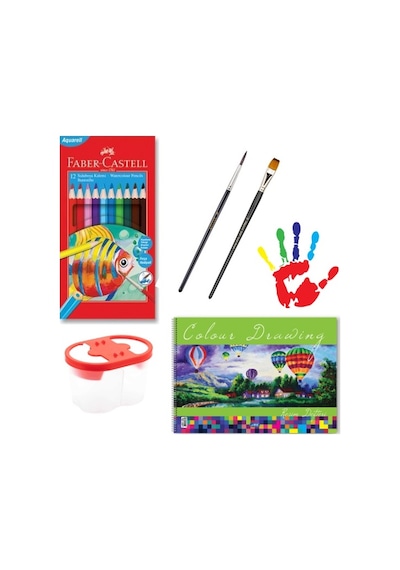 Faber 12 Renk Aquarel Kuru Sulu Boya Kalemi Ve 25x35 Resim Defteri Boyama Seti Önce Kuru Sonra Sulu
