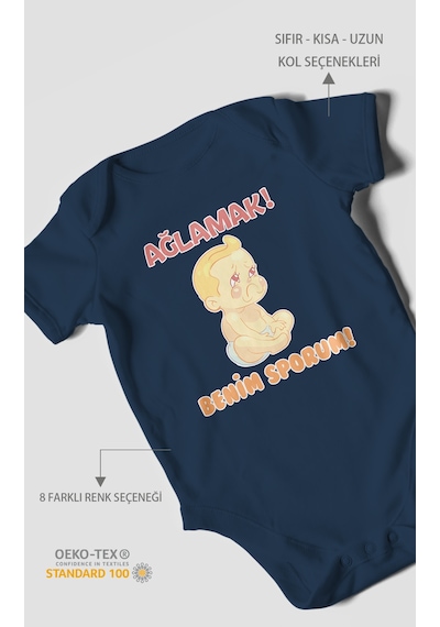 Ağlamak Benim Sporum Baskılı Bebek Zıbını Çıtçıtlı Body %100 Pamuk Kısa Kol Lacivert