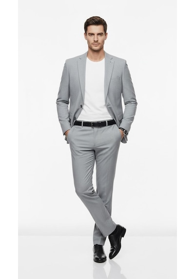 Erkek Slim Fit Mikro Desenli Takım Elbise 2 Düğmeli Çift Yırtmaçlı Modern Ceket Pantolon Takım Gri