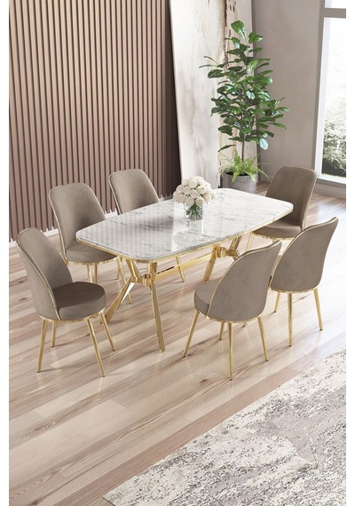 Canisa Lena Serisi 90x160 Lak Panel Beyaz Mermer Desen Gold Ayaklı Masa Takımı Ve 6 Cappucino Sandalye Beyaz Mermer Desen Masa Cappucino Sandalye Canisa Lena Serisi 90x160 Lak Panel Beyaz Mermer Desen Gold Ayaklı Masa Takımı Ve 6 Cappucino Sandalye Beyaz Mermer Desen Masa Cappucino Sandalye