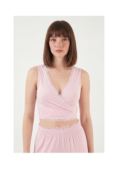 Lela Yumuşak Dokulu Sırtı Bağlamalı Dantelli Crop Pijama Takımı Bayan Pijama Takımı 6575015 Pembe
