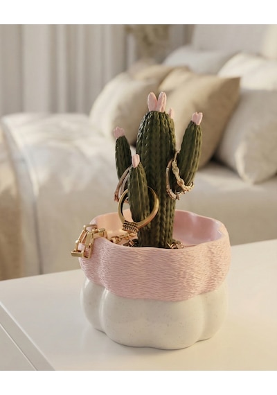 Elana Design Kaktüs Tasarımlı Takı Kutusu Yüzük, Bileklik Ve Kolye Düzenleyici Dekoratif Saklama Kutusu Mermer-pembe