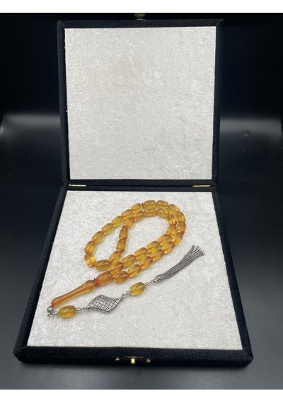 925 Ayar Gümüş Dizayn Ateş Kehribar Tespih 12x8 Mm