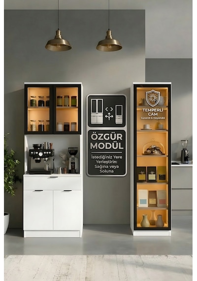 Dream Premium Kahve İstasyonu - Kahve Köşesi Ve Mutfak Ünitesi - Beyaz Füme Temperli Camlı Led Modül Beyaz Dream Premium Kahve İstasyonu - Kahve Köşesi Ve Mutfak Ünitesi - Beyaz Füme Temperli Camlı Led Modül Beyaz