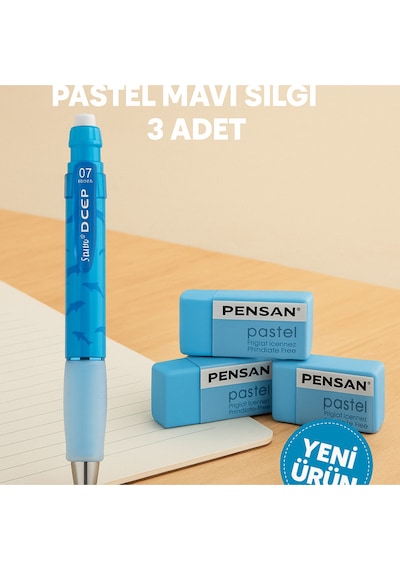Mavi Yunus Versatil Kalem + Pastel Mor Silgi 3 Adet Yunus