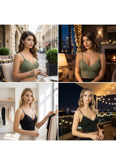 Lusistore Crop Bluz Takım Askılı Dantelli Pedli Büstiyer Bralet %95 Pamuk siyah