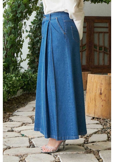 2288-denim Pileli Etek Koyu Mavi Koyu Mavi