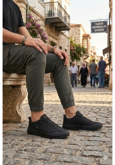 Fort Noka Champ Rahat Memory Foam İç Taban Keten Sneaker Erkek Ayakkabı Siyah