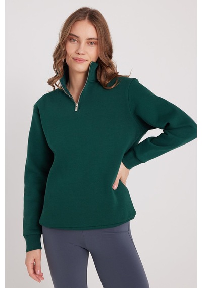 Tudors Kadın Relax Fit Rahat Kesim Pamuklu İçi Polarlı Yarım Fermuarlı Haki Dik Yaka Sweatshirt-37892 Haki