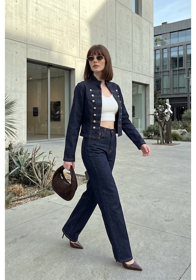 Lela Pamuklu Yüksek Bel Bol Paça Jeans Kadın Kot Pantolon 7031006 Koyu Mavi