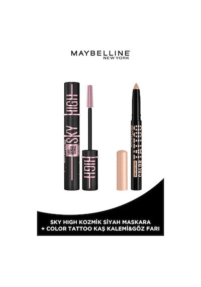 Maybelline New York Lash Sensational Sky High Cosmic Black Maskara + Color Tattoo Eye Stix Göz Farı Kaş Kalemi Courageous