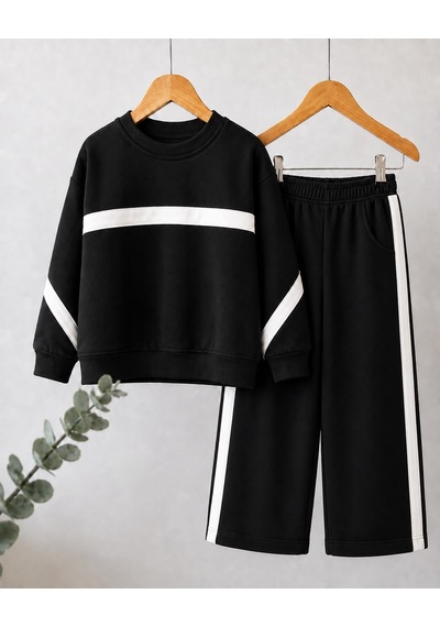 Kokoş Bebe Şerit Detaylı Oversize Kız Çocuk Eşofman Takımı - 3/10 Yaş - 31781 Siyah