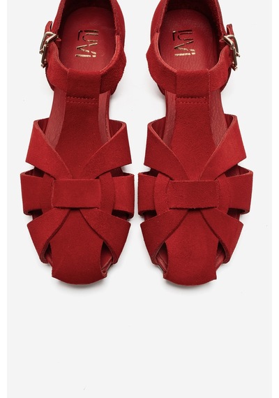 Luvi Shoes Alına Kırmızı Süet Hakiki Deri Kadın Sandalet