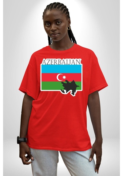 Azerbeycan Bayrak Ülke Pamuklu Bisiklet Yaka Unisex Oversize Boyfriend Dijital Baskılı Kırmızı T-shirt Kırmızı