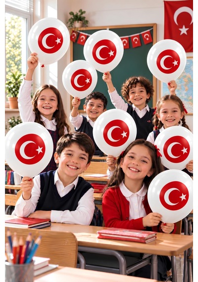 Türk Bayrağı Baskılı Beyaz Lateks Balon 10'lu Set 12 İnç Milli Bayram Parti Balonu Çok Renkli