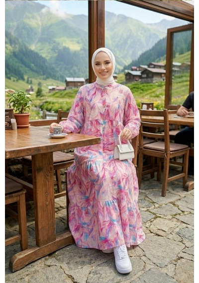 Hb Harma Time Butik Kadın Düğmeli Modal Kumaş Desenli Pembe Elbise Hb Harma Time Butik Kadın Düğmeli Modal Kumaş Desenli Pembe Elbise
