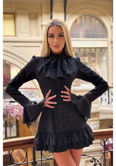 Dip Moda Kadın Siyah Dantel Detaylı Tasarım Elbise Dpnbemp2553 Siyah