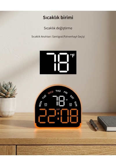 Led Dijital Alarm Saati Sıcaklık Tarih Gün Göstergeli Ortam Aydınlatmalı Çift Ekranlı Masa Saati Gece Lambası Usb Ve Pil Turuncu