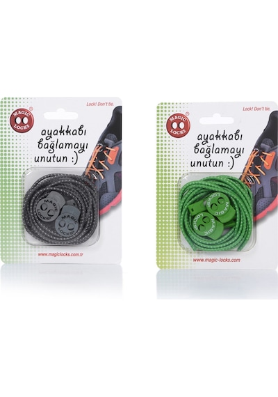 Magic Locks Yuvarlak Akıllı Ayakkabı Bağcık 2'li Set Gri-Yeşil