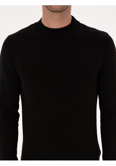 Cacharel Siyah Slim Fit %100 Pamuk Çeyrek Balıkçı Yaka Triko Kazak