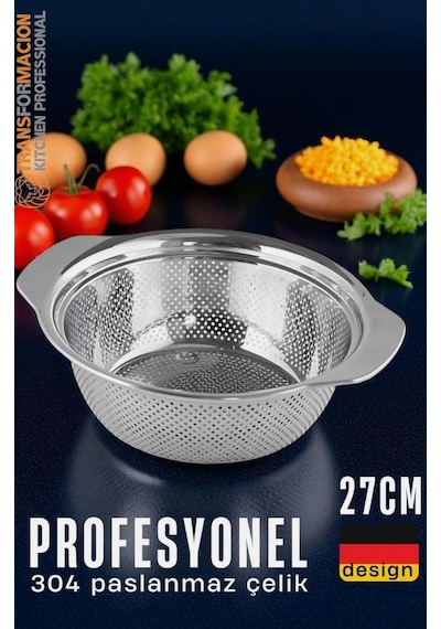 304 Paslanmaz Çelik Alman Tip Kevgir Profesyonel Süzgeç 27 Cm Açık Gri