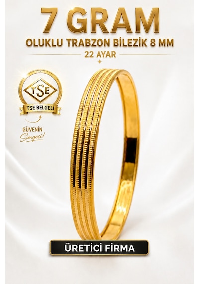 22 Ayar Tse Belgeli 7 Gram Oluklu Trabzon Bilezik 8 Mm Gold Altın Bilezik Düğün Nişan