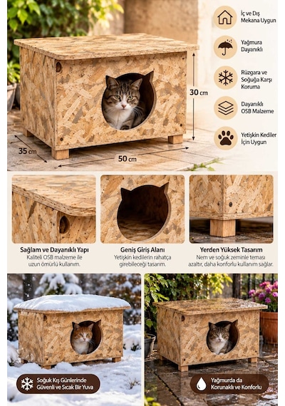 Reyo Yetişkin ve Yavru Kedi Evi İç ve Dış Mekana Uygun Kedi Evi Sokak Kedileri İçin Yuva Kedi Barınağı 50 x 35 x 30 CM CAT19