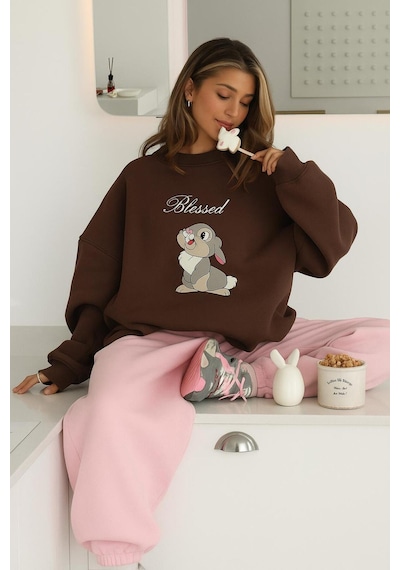 Benroma 3 İplik Penye Blessed Tavşan Baskılı Unisex Sweatshırt Kahverengi