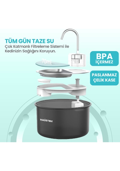 Haustier Wf009ls Siyah , Çelik Üst Tabla , 3.5lt Geniş Bpa İçermez Hazne, Otomatik Kedi Su Sebili,kedi Su Çeşmesi, Su Pınarı
