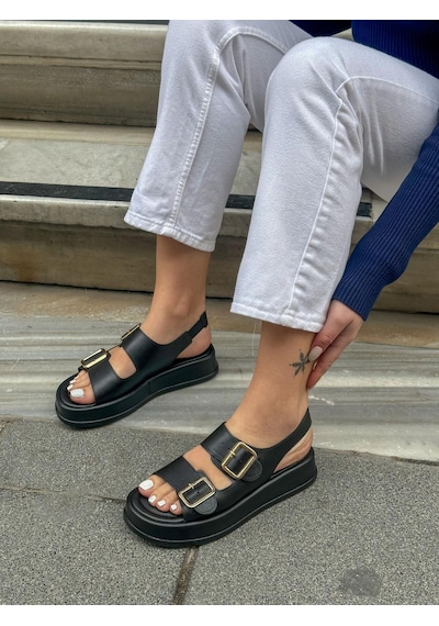 Erva'nın Butiği Siyah Cilt Jenny Gold Toka Detay Kadın Sandalet-5745