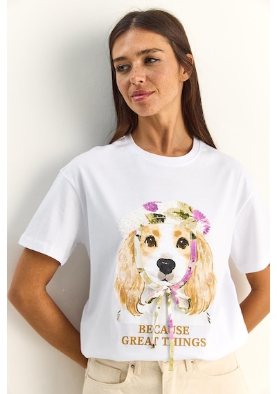 Shade Kadın Baskı Ve Payet Detaylı Fiyonklu Basic T-shirt 7643 60286115 - Beyaz