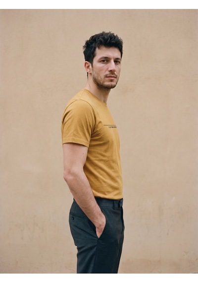 Maccali Erkek Sarı Yazı Baskılı Bisiklet Yaka Tişört