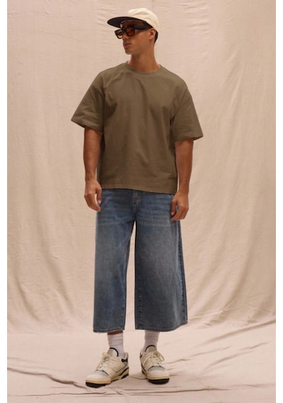 Erkek %100 Organik Pamuklu Kalın Dokulu Comfort Fit Bisiklet Yakalı T-shirt Haki