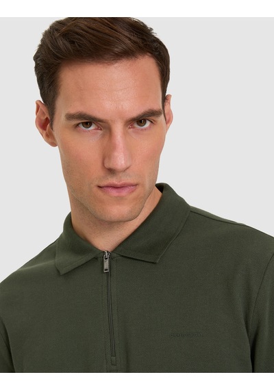 Pierre Cardin Koyu Yeşil Slim Fit %100 Pamuk Kıvrılmaz Fermuarlı Polo Yaka Basic Sweatshirt 50334013-vr079