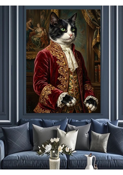 Saray Kıyafetli Aristokrat Kedi Portresi Dekoratif Kanvas - Mdf Ahşap Tablo