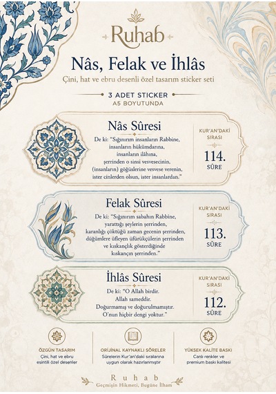 Hat Süsleme Etiket / İhlas Felak Nas Sureleri / A5 Boyutu 3 Adet / Osmanlı Motifleri / Dua