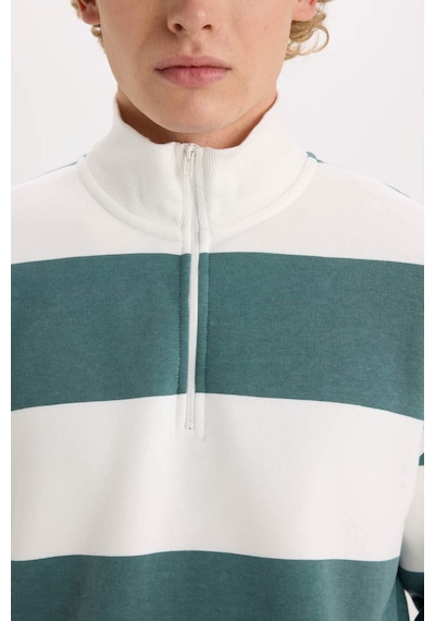 DeFacto Boxy Fit Dik Yaka Yarım Fermuarlı Çizgili Sweatshirt C7045AX24AUGN469 Yeşil