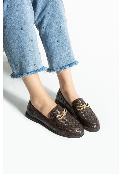 Lebibe Shoes Maby Kadın Acı Kahve Örgü Dokulu Zincir Detaylı Loafer Düz Ayakkabı Babet Acı Kahverengi