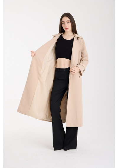 Bej Düğme Detaylı Oversize Kuşaklı Trençkot