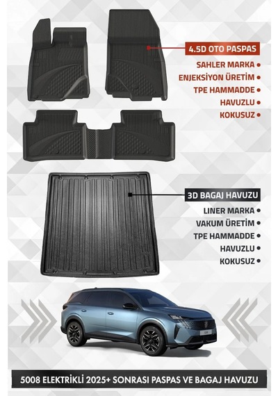 Peuegot 5008 Elektrikli 2024 Sonrası Uyumlu 4.5d Premium Havuzlu Oto Paspas Ve Liner Bagaj Havuzu