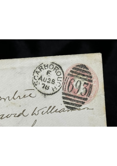 İngiltere Klasik Dönem 1878 Victoria Dönemi Pink Penny Kendinden Pullu Antiye Zarf Postadan Geçmiş